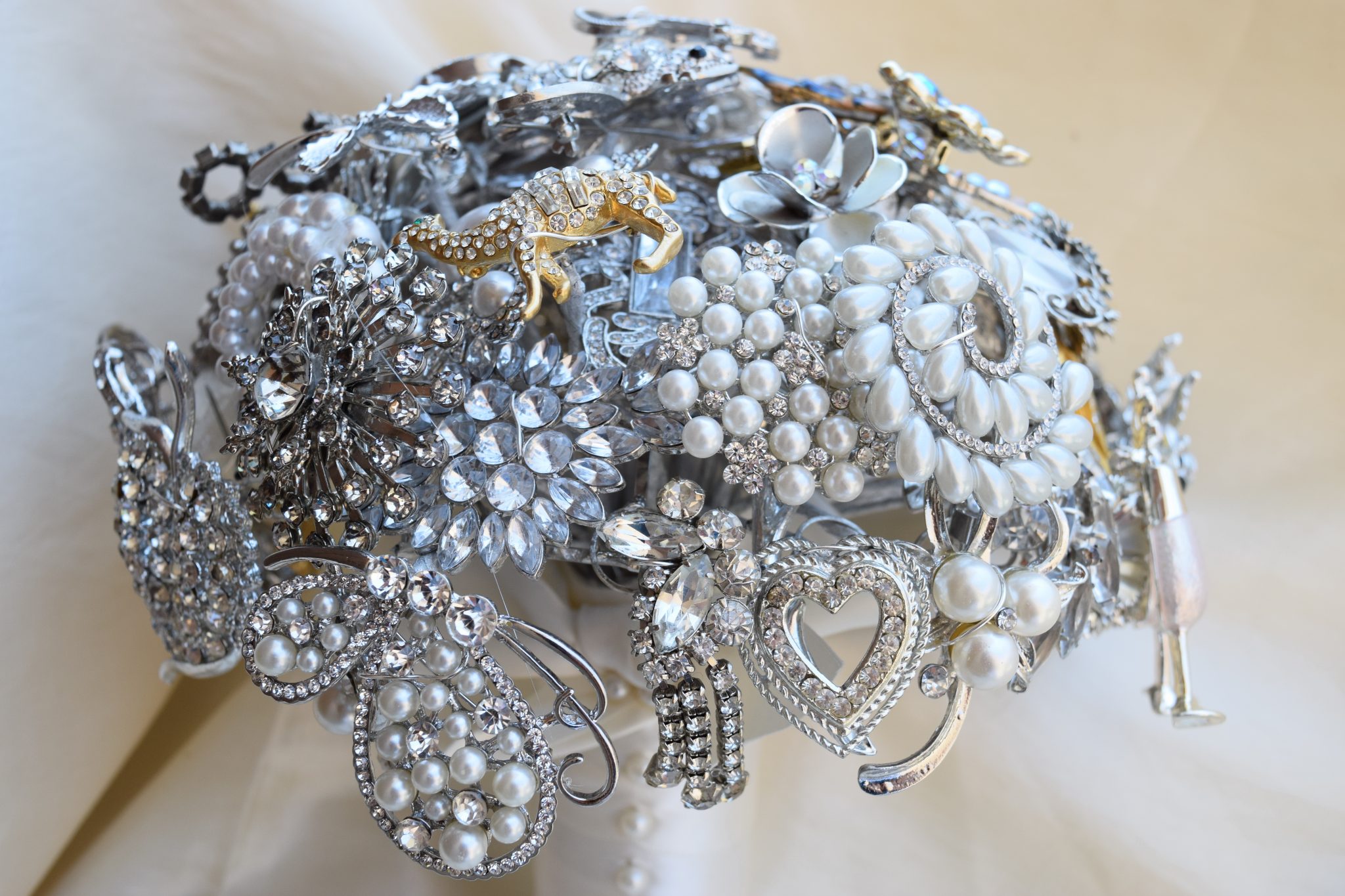 Detail image of brooch bouquet for the bride.